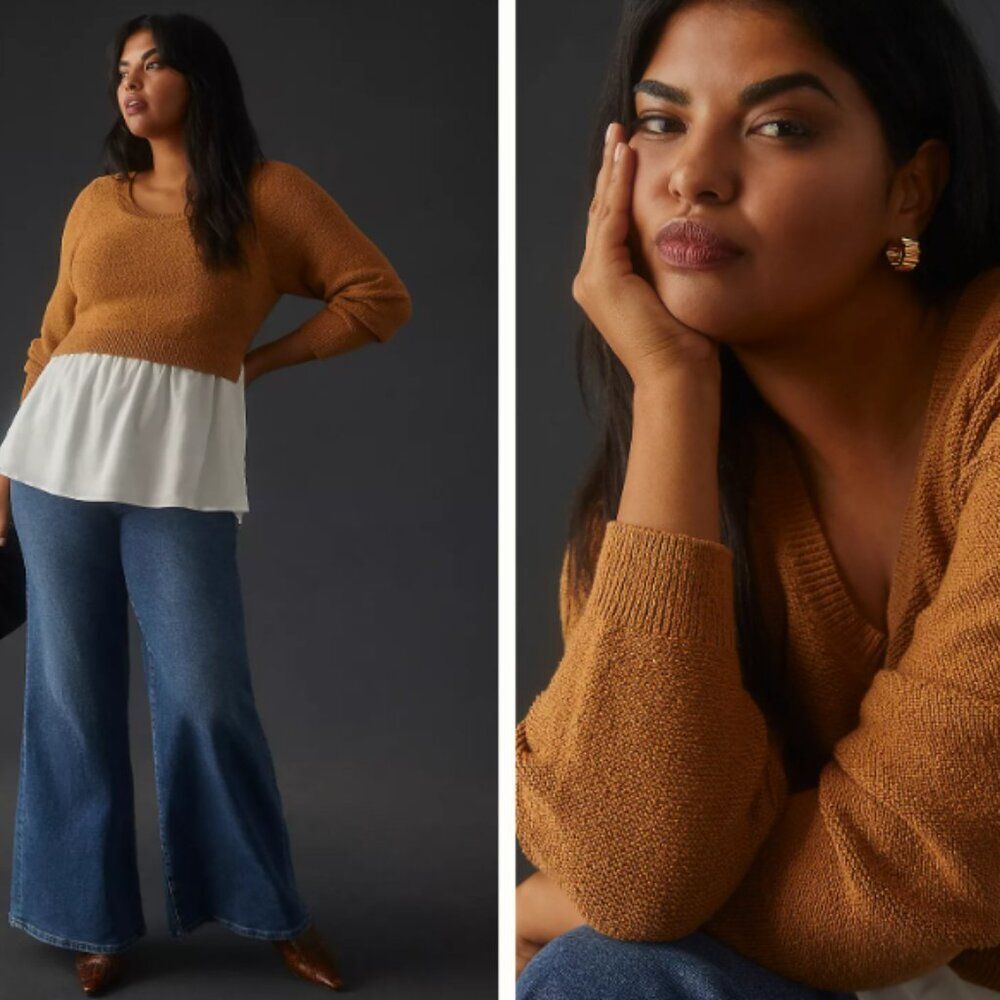 Anthropologie Layered Sweater Twofer Brown Tan White Long Sleeve Plus Size 2X